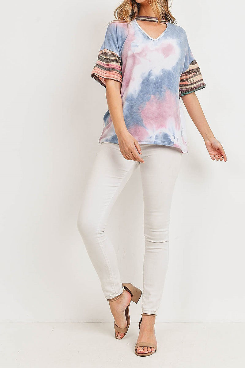 Stripe tie dye choker neck color block top (ED8931-LAST)