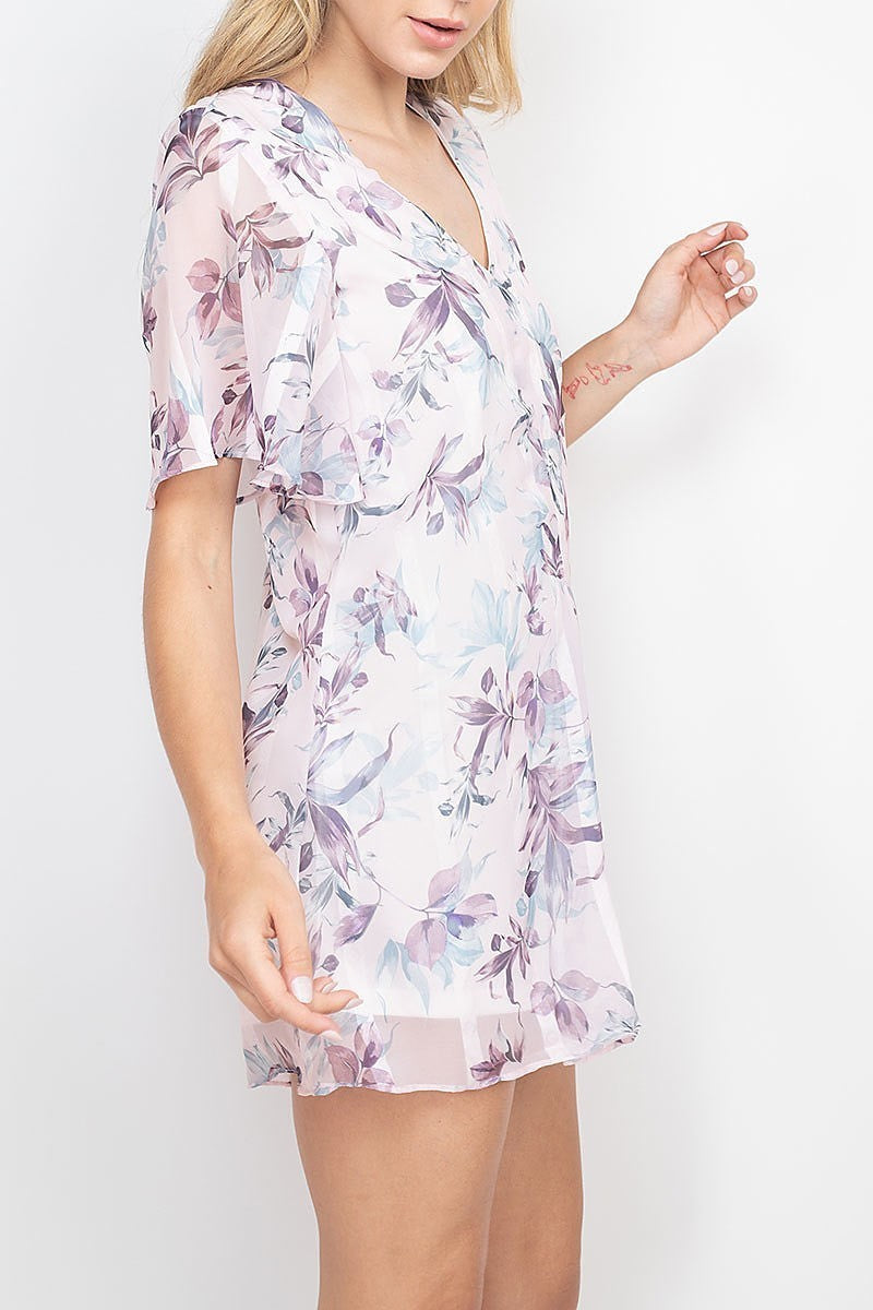 Leaf print flutter sleeve v neck sheer dress (DED6748)