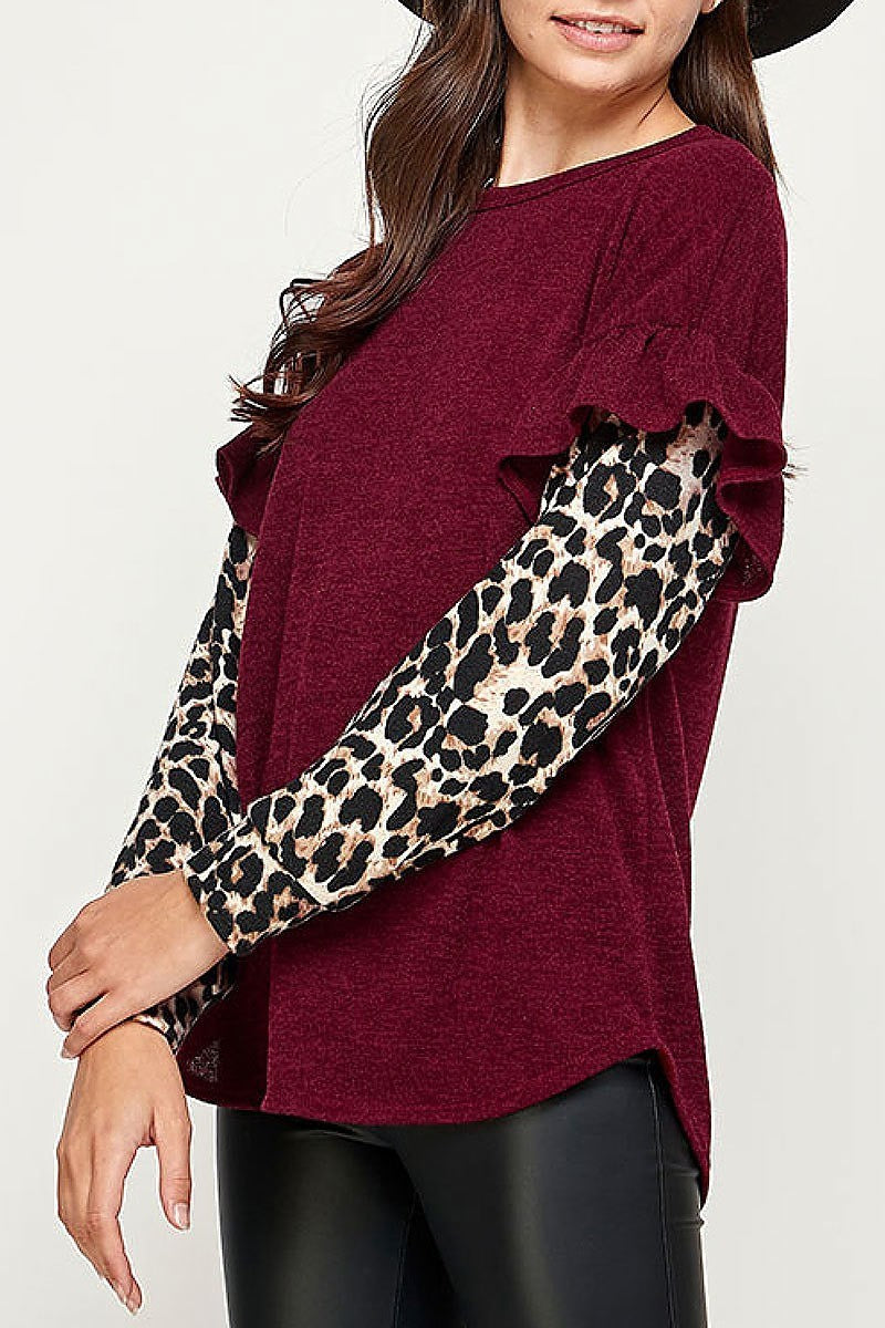 Animal print ruffle detail color block top (EF2233)