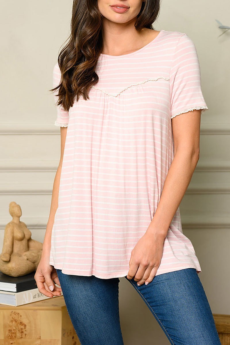 Pin stripe short sleeve elastic ruffle lace top (EDWT5739)