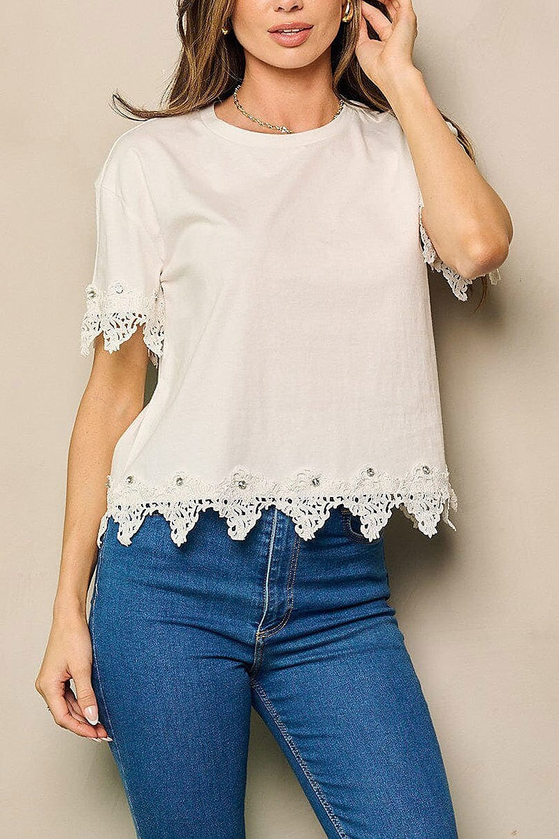 Short sleeve trim detailed top (EFWT4983)