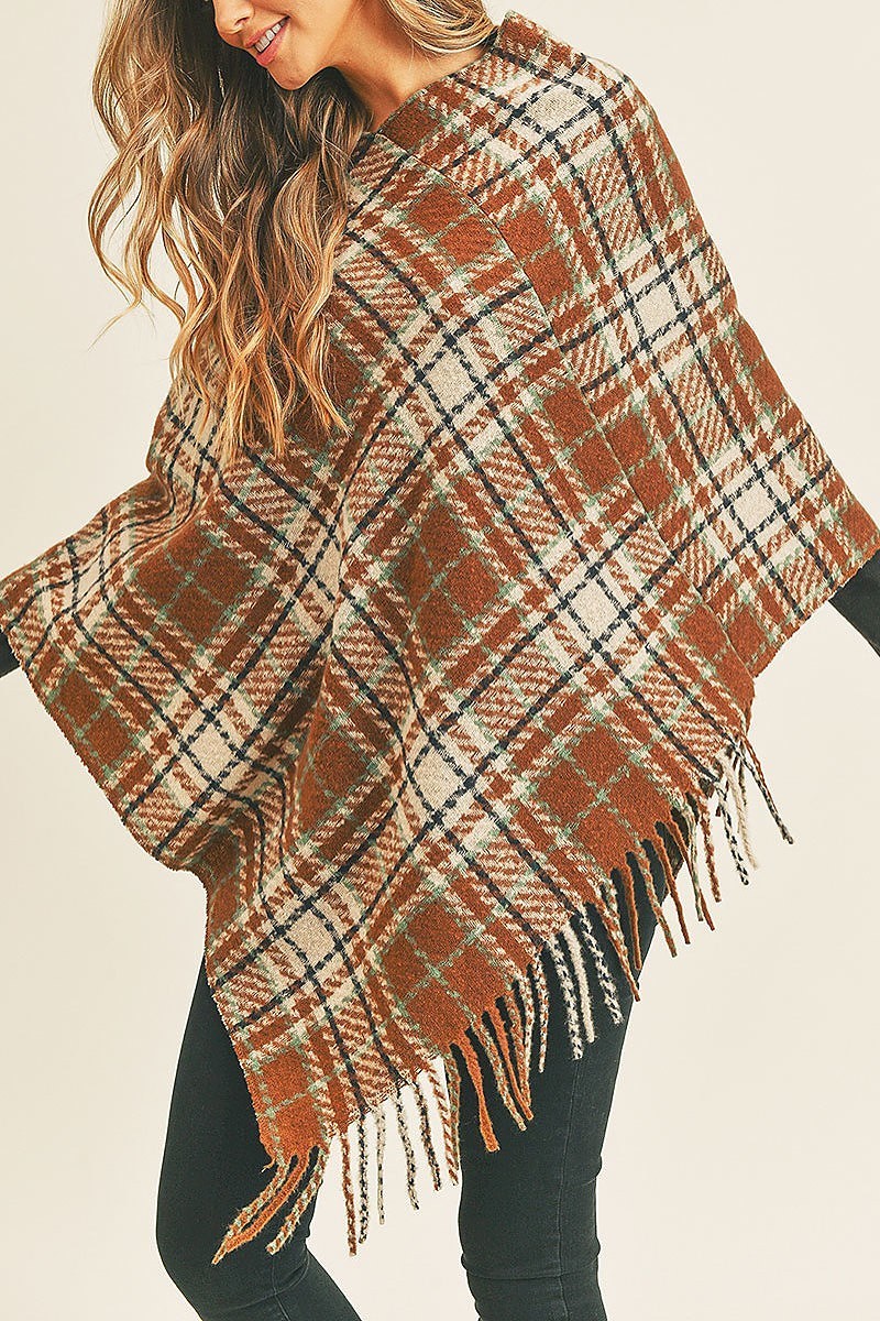 Multi plaid poncho with fringe (DGS5736)