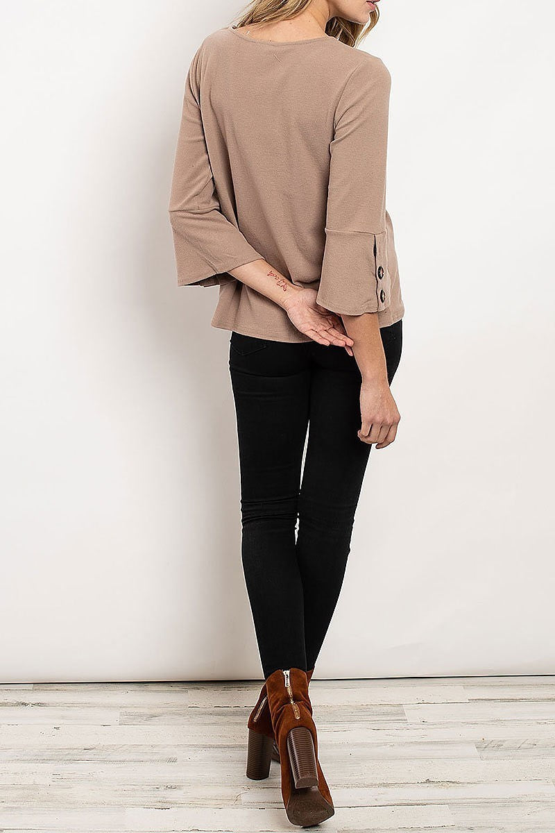 Button trimmed bell sleeve round neck top (ED7939)