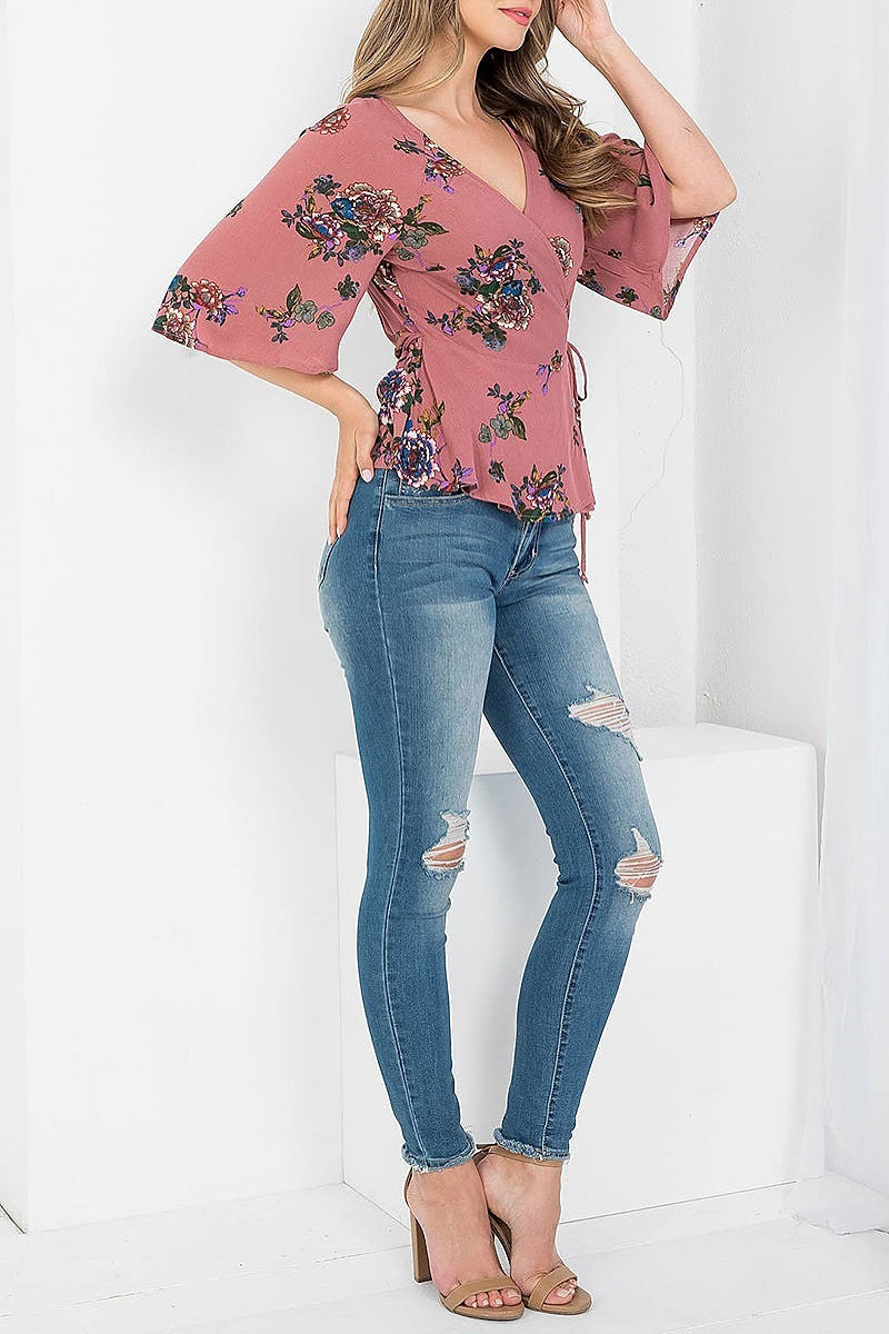 Floral surplice v neck side tie ruffle sleeve top (EF3598)