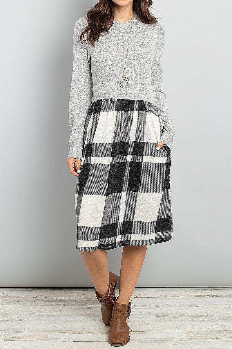 Two toned high neck long sleeves plaid contrast dress (DED5776)