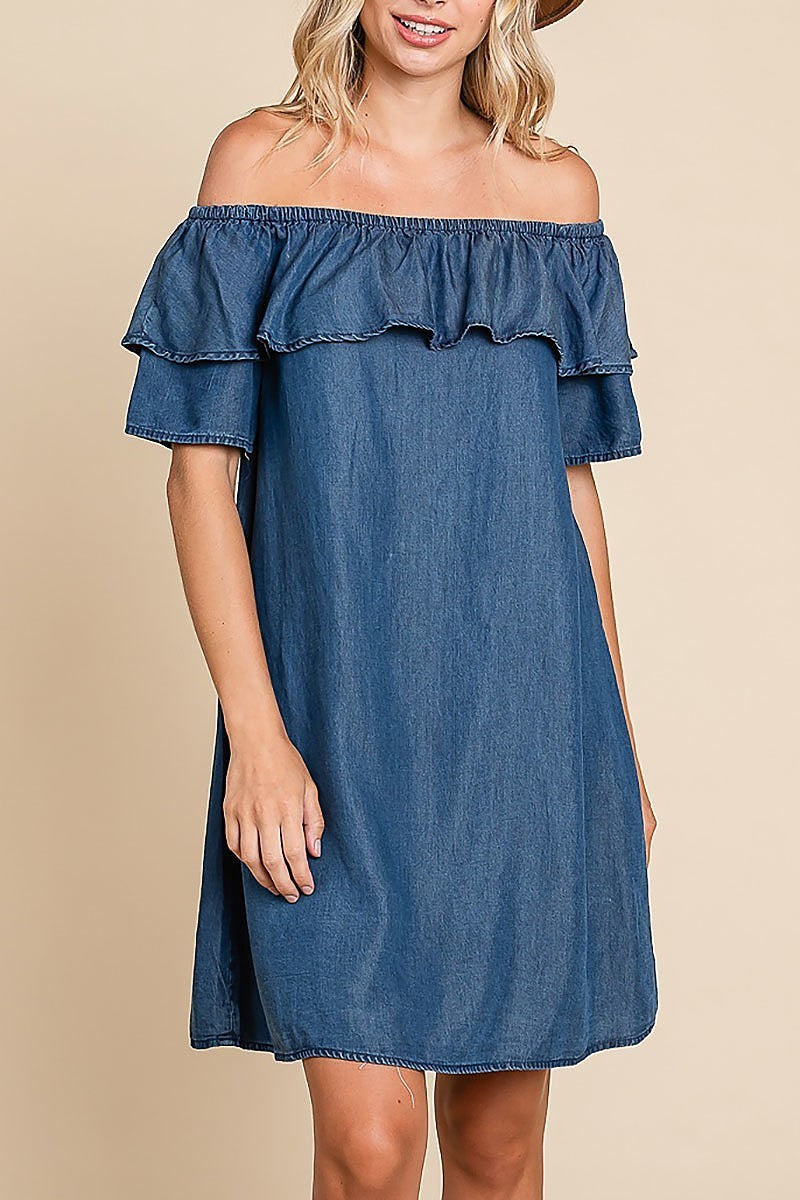 Chambray off-shoulder frilled neckline mini dress (EDH1629)