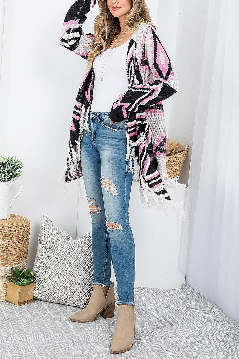 Tribal print open front with fringe cardigan (DGS5711)