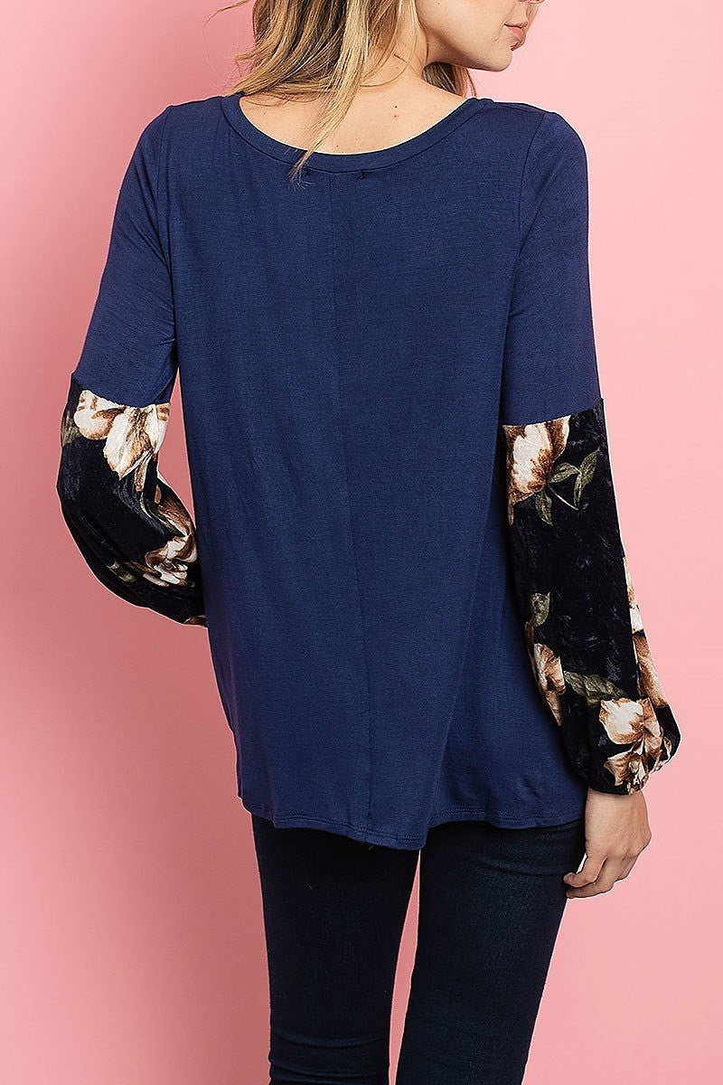 Velvet floral print bubble sleeve color block top (ED7915-2)