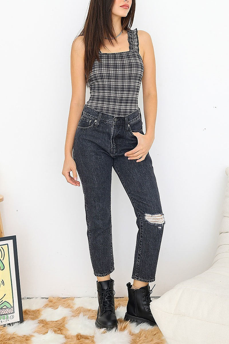 Ruffle detail strap plaid bodysuit (TED1321)