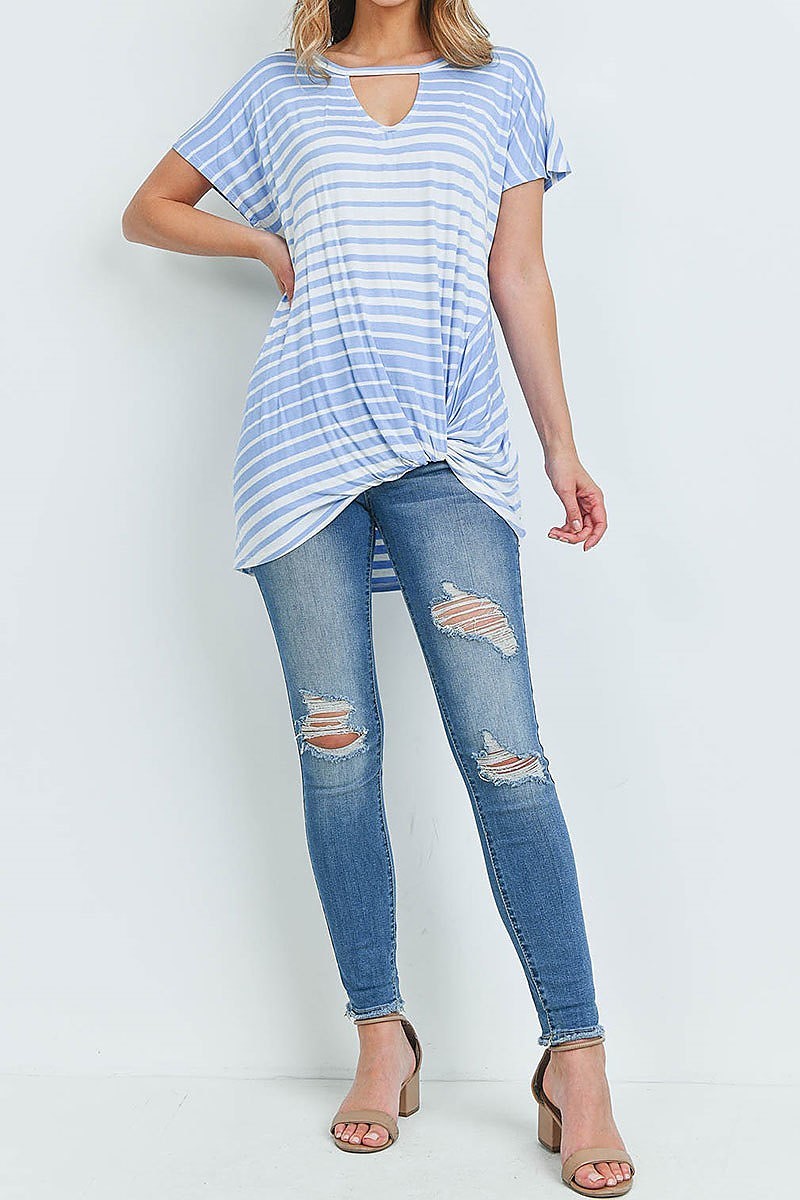 Short sleeve keyhole stripe tunic blouse top (ED8859-2)