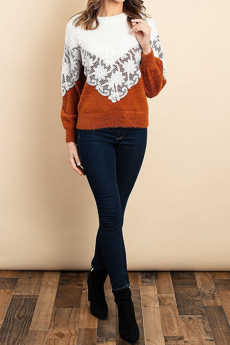 Lace trimmed color block fuzzy soft sweater (DGS4972)