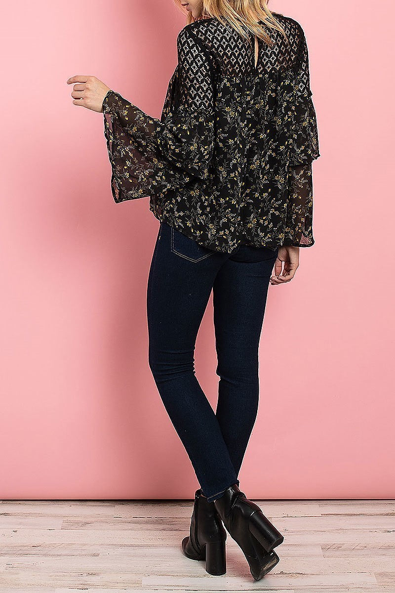 Lace trimmed bell sleeve floral print top (ED7931)