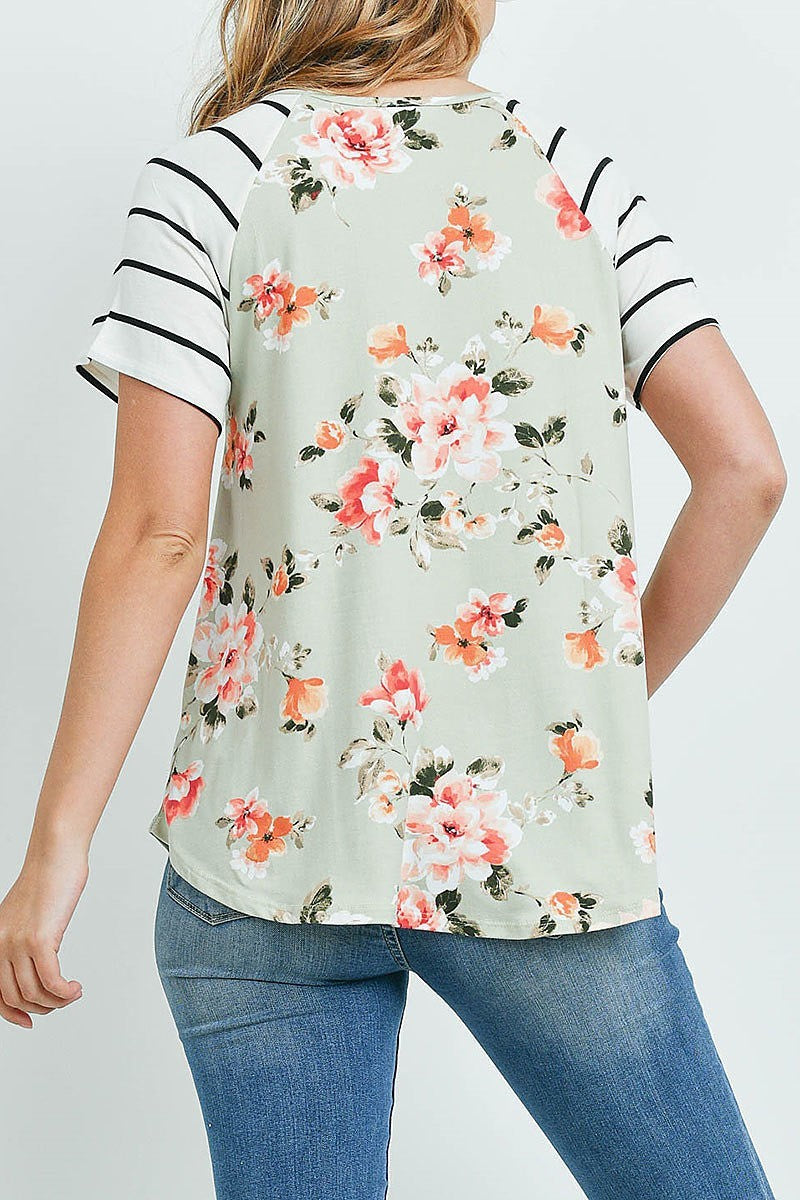 Stripe sleeves floral print top (ED9499)