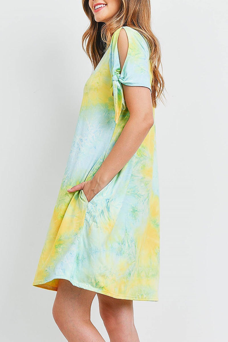 Tie sleeve round neck tie dye dress with inseam pocket (DED6587)