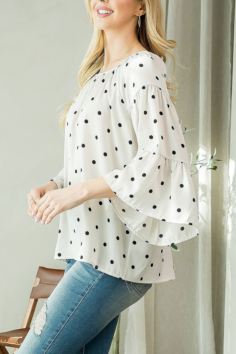 Bell sleeve polka dot ruched top (EF3938)