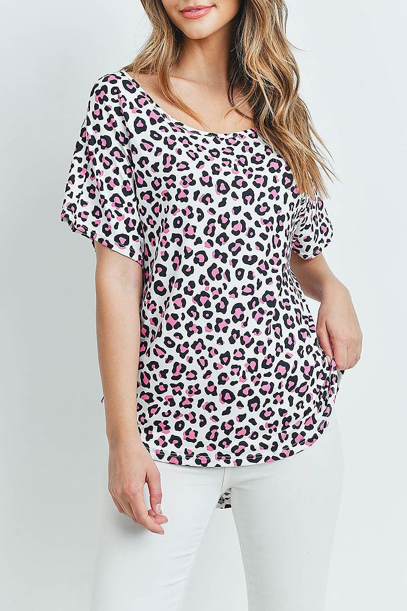 Round neck zipper neck detail animal print top (ED8629-2)