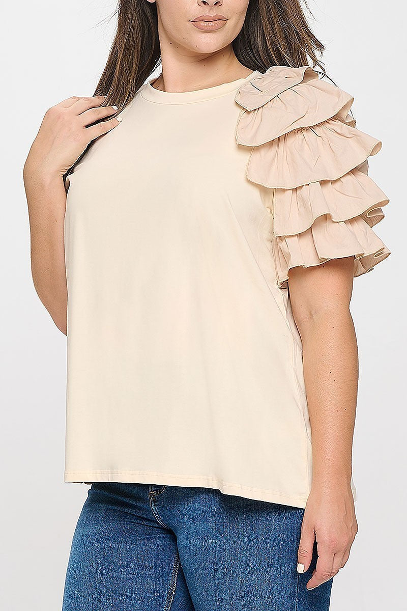 Plus size one sleeve layered ruffle solid top (XDG8262)