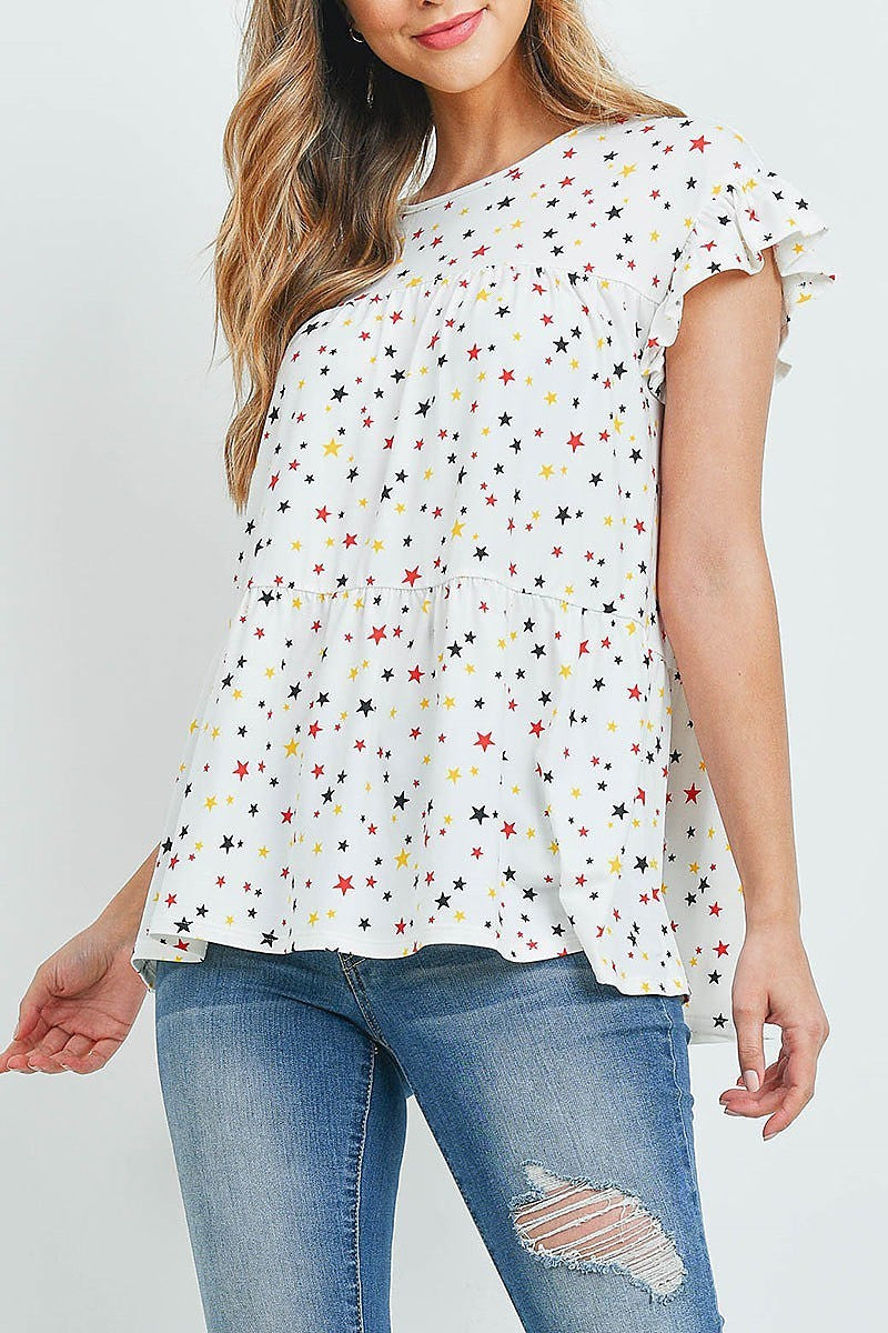 Multi color stars ruffle cap sleeve tiered top (EF1180)