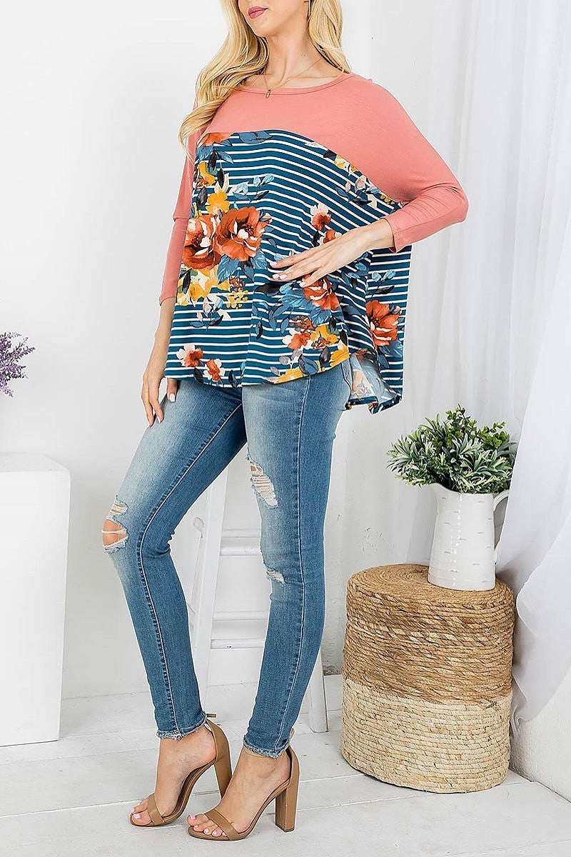 Floral print stripes round neckline long sleeve top (EF4152)