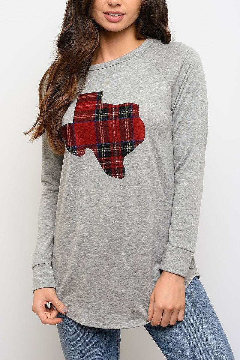 Texas plaid detail terry round neck top (EDWT3332)