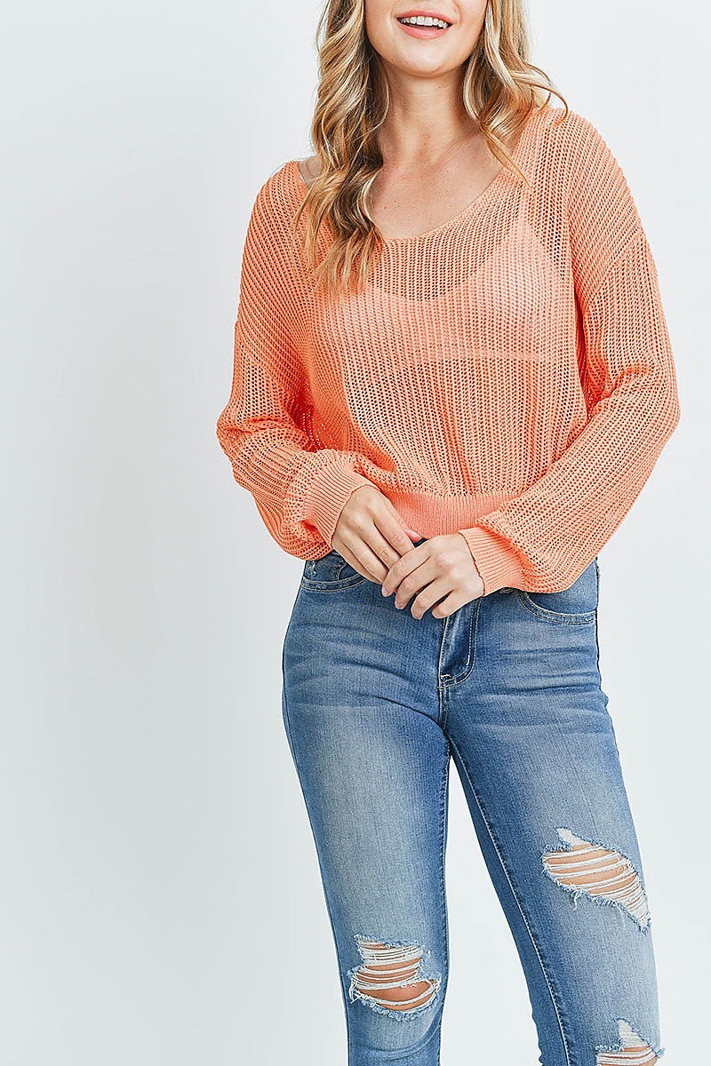 Scoop neck sheer loose fit crop sweater (DGS4714-1)