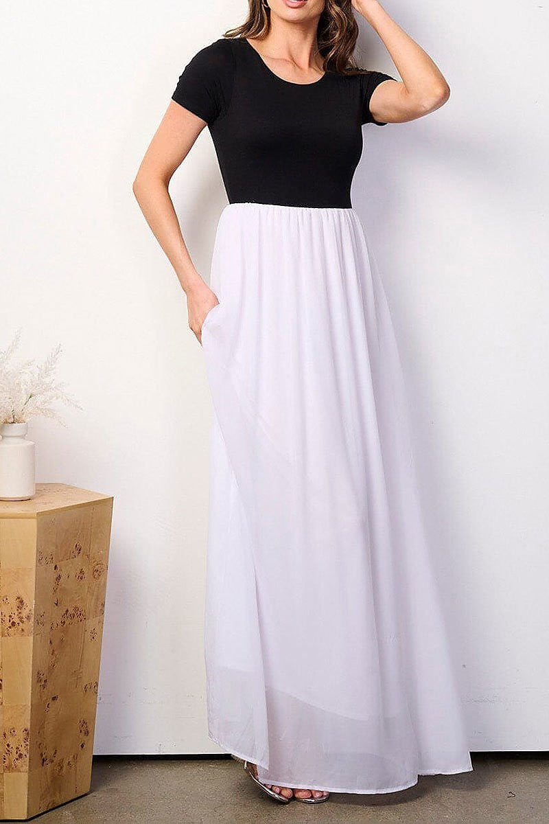 Short sleeve elastic waist colorblock maxi dress (EFWT8912)