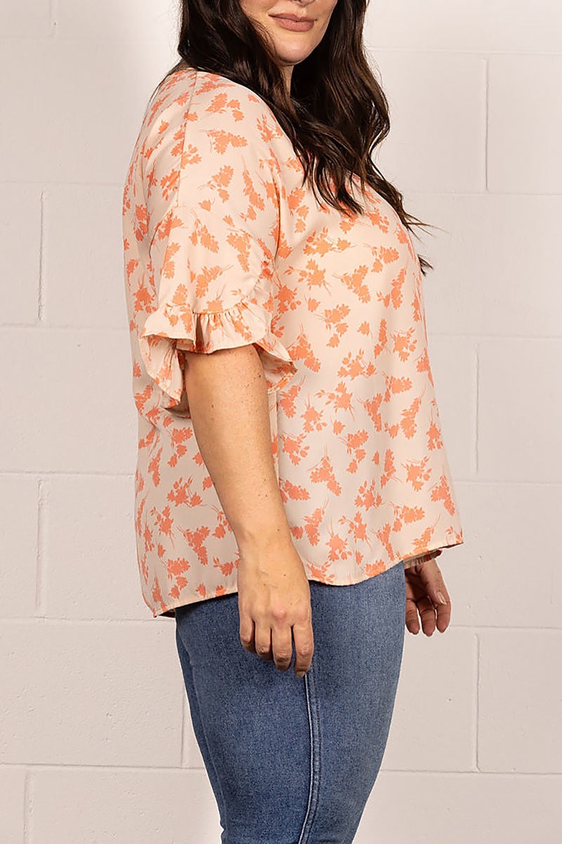 Floral print bell ruffled sleeves plus size top (EDSW4160)