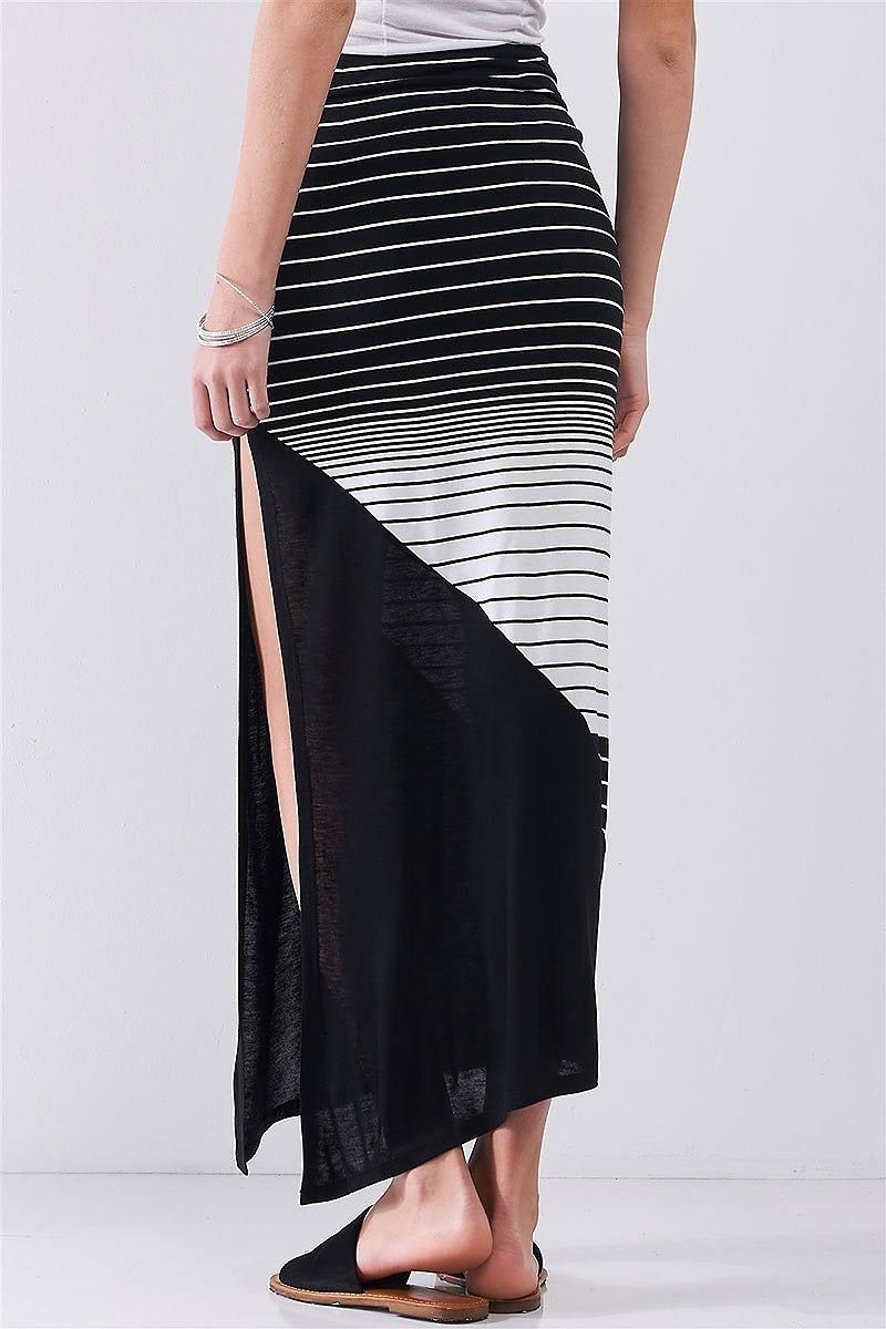 Gradient multi stripe high waist side slit maxi skirt (TDG8289)