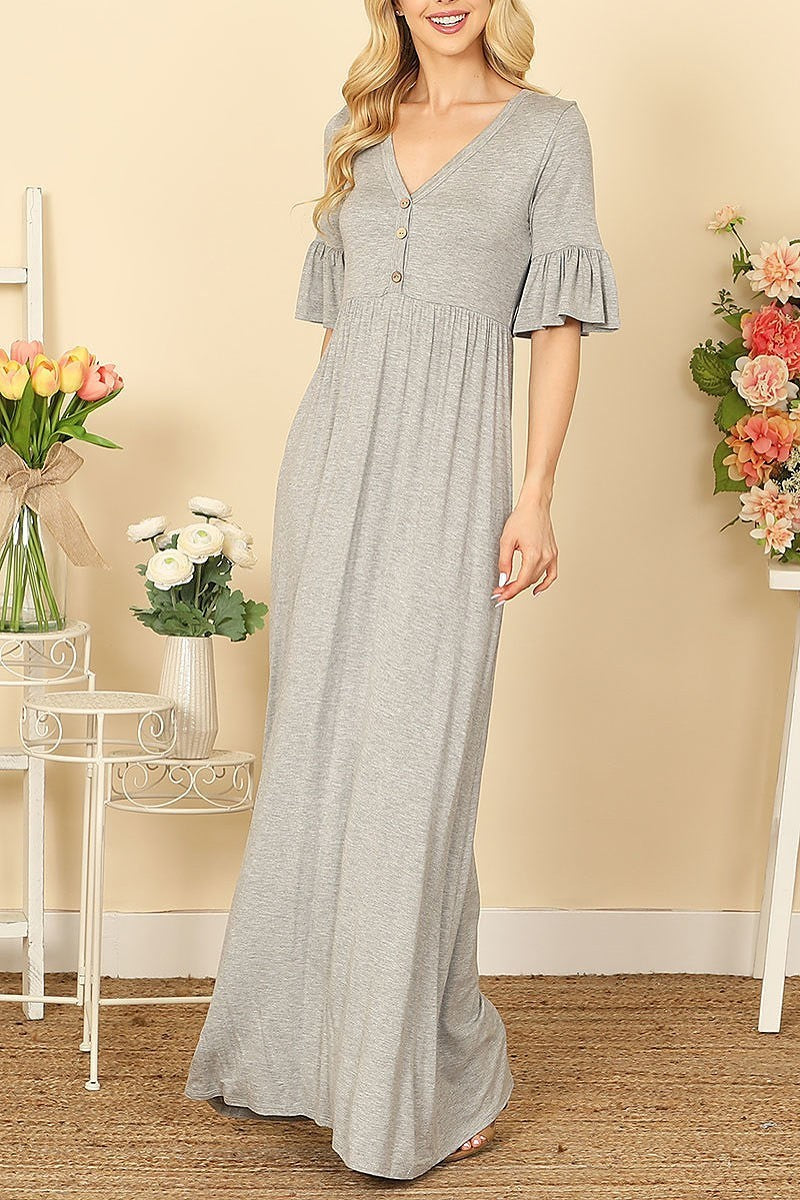 V-neck button detail side pocket solid maxi dress (DED9441)