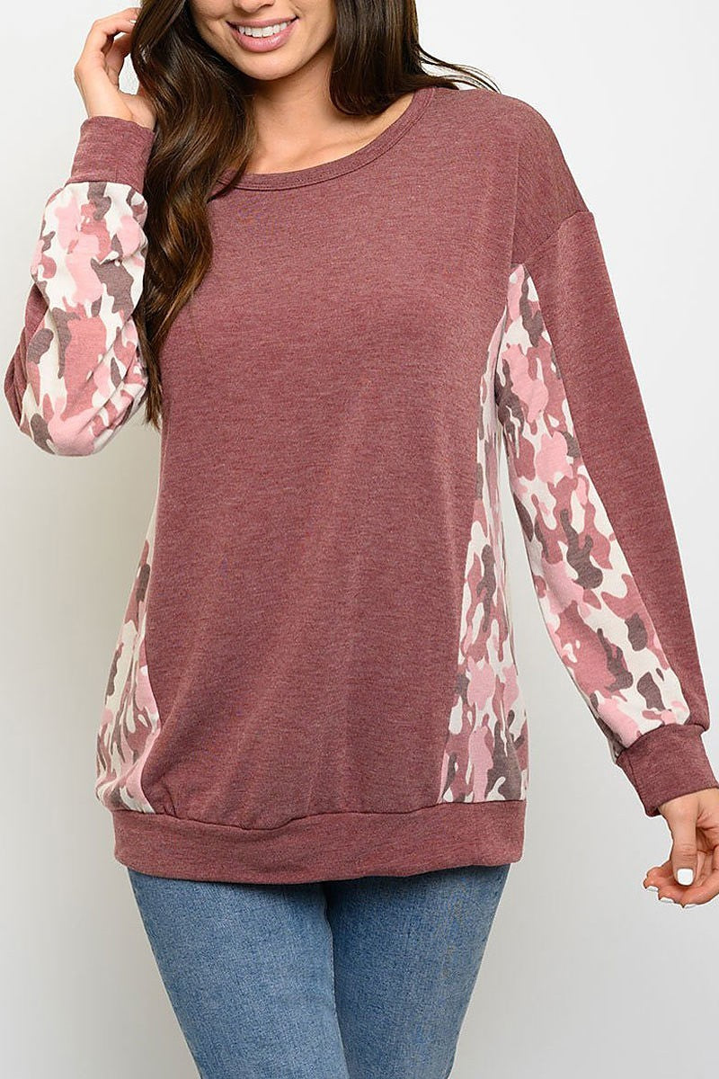 Long sleeve camo color block top (EDWT3067-1)