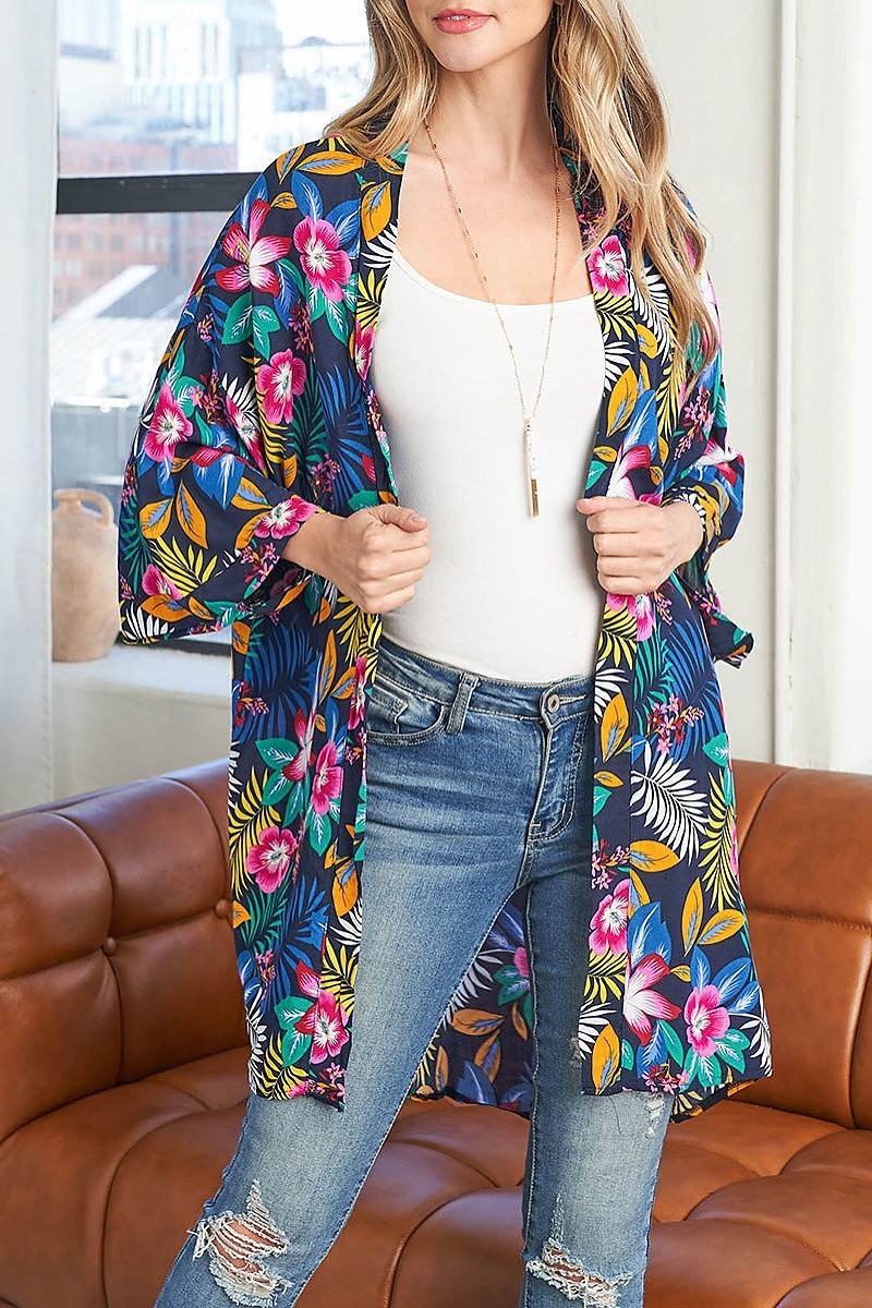 Tropical floral print open front bohemian kimono (EF3129)