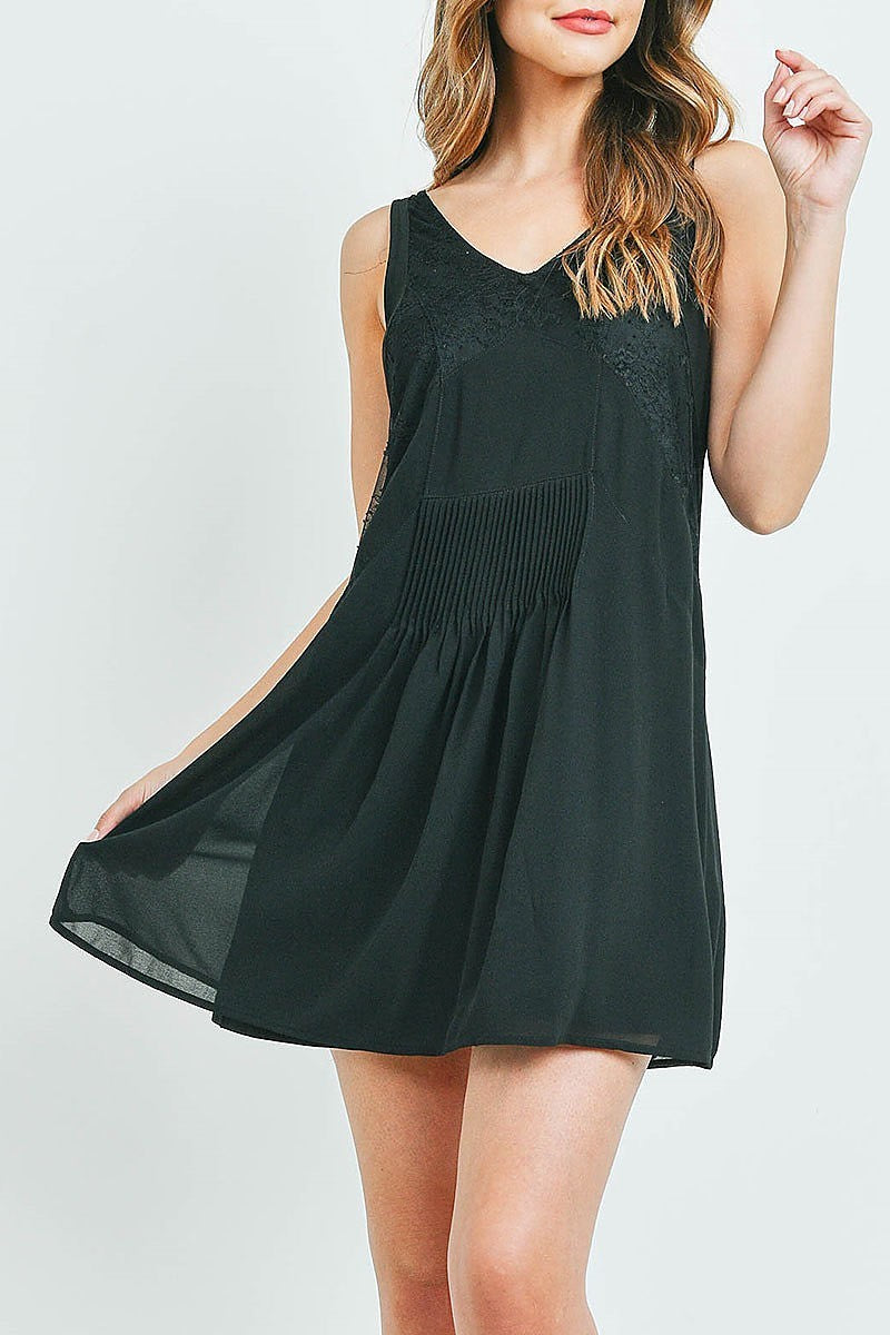 V neck lace trimmed pleated detail flare dress (DED6150)