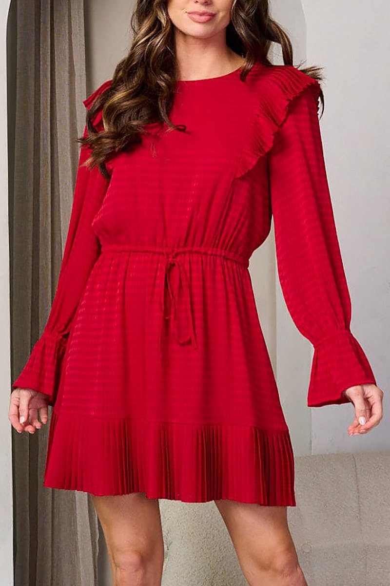 Long sleeve elastic waist ruffle detailed dress (EGWT2273)