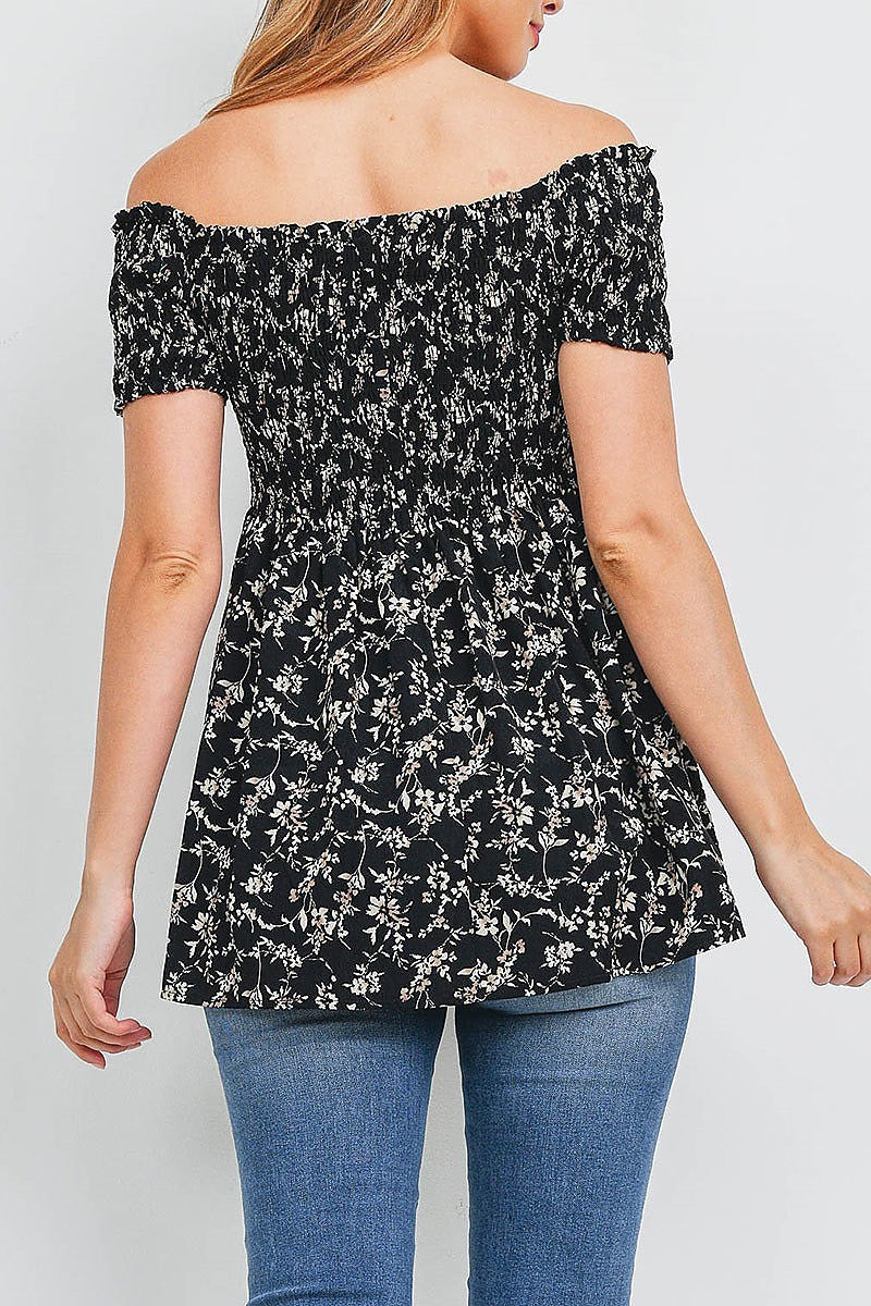 Off shoulder smoked detail floral print top (EF1553)