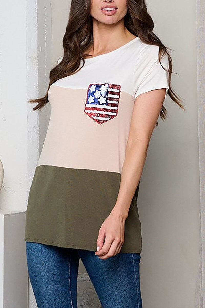 Short sleeve color block pocket flag patch top (EFWT1214)