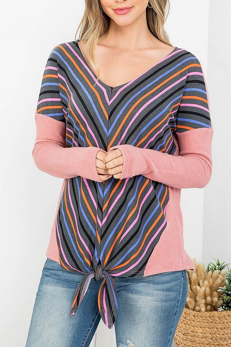 V neck chevron stripe color block waist tie top (EF4334)