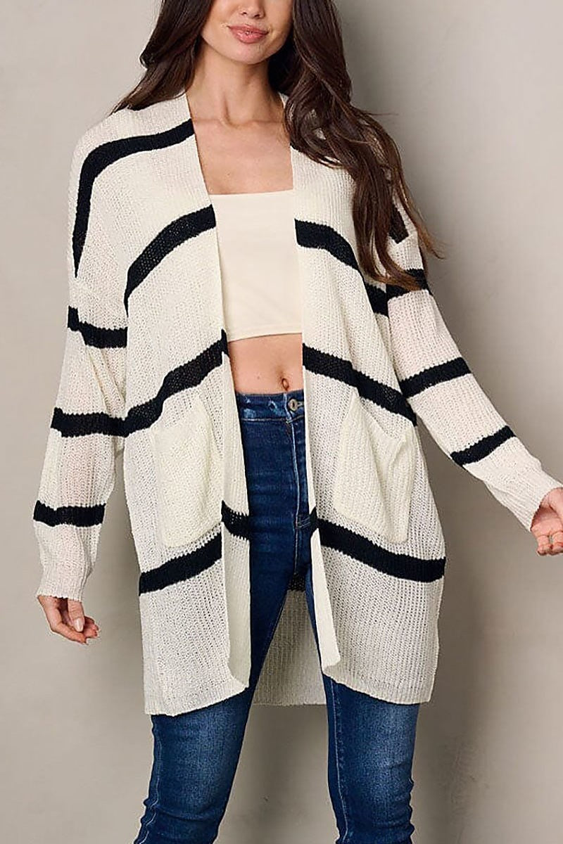 Long sleeve pockets stripes cardigan (EFWT2023)