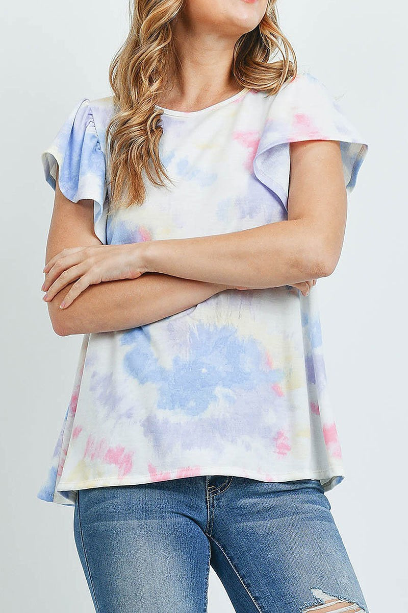 Tie dye flutter sleeve round neck top (ED9626)