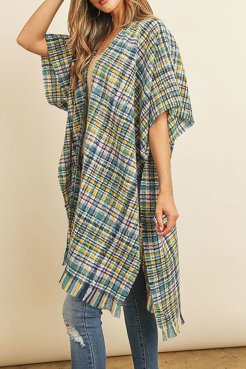 Plaid fringe detail poncho kimono (DGS4966)