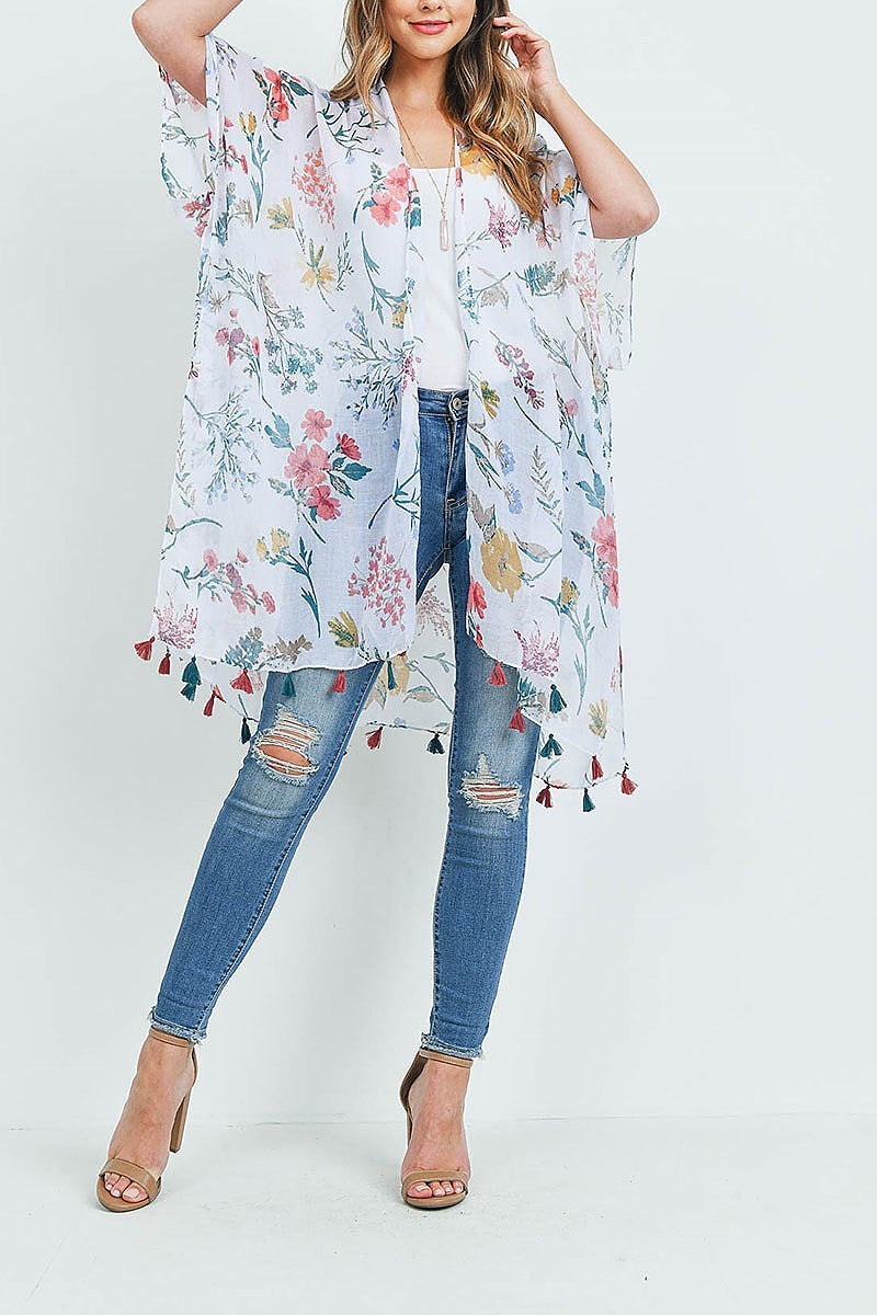 Floral print open front tassel kimono (EF1113)