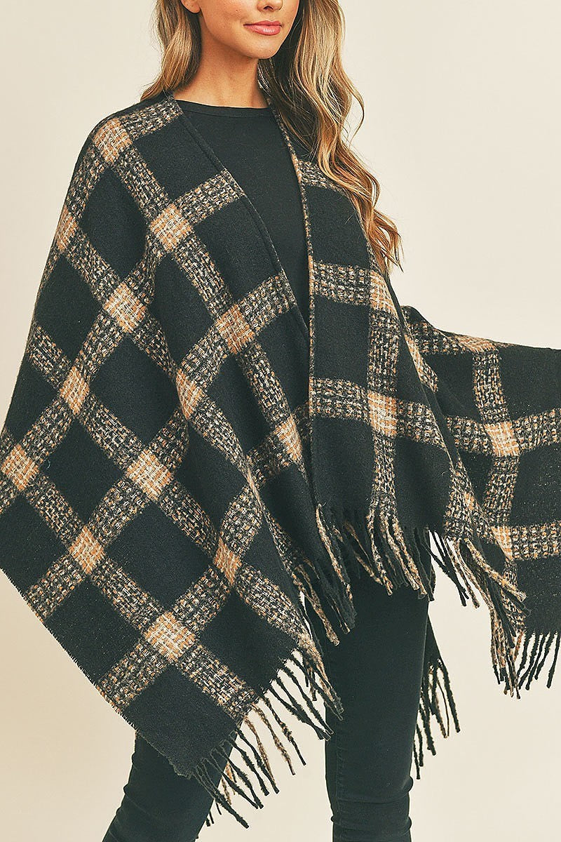 Fringe detail plaid pattern ruana kimono (DGS5732)