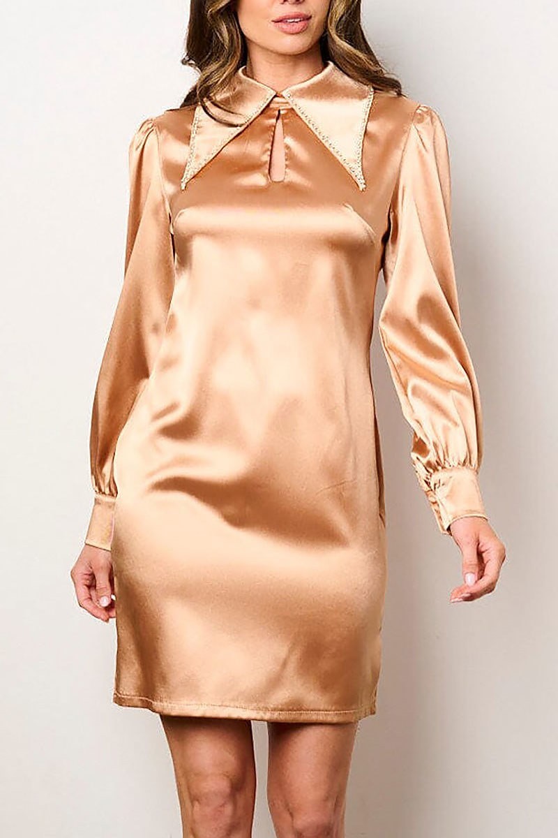 Long sleeve bodycon studs satin mini dress (EFWT8807)