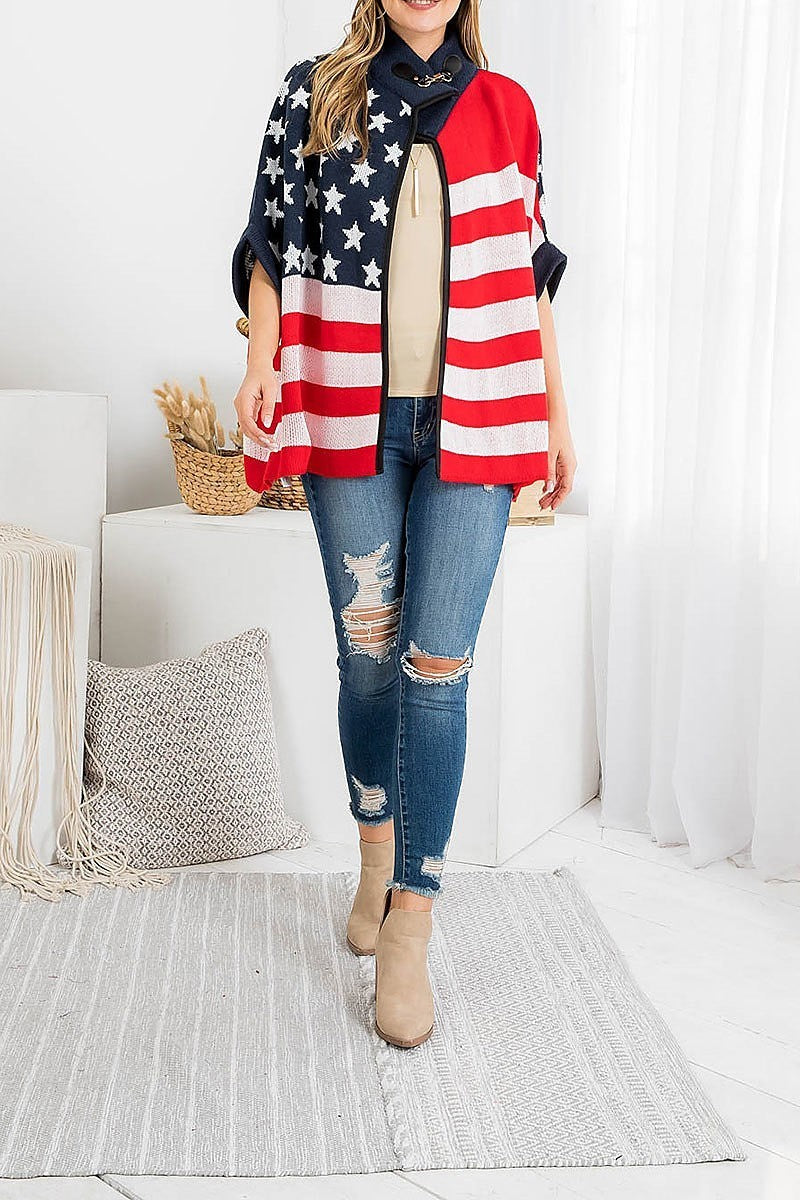 American flag knit w zipper n buckle lock poncho (DGS5400)