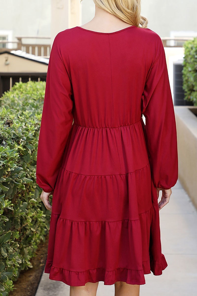 Solid long sleeve tiered ruffle dress (DED8913)