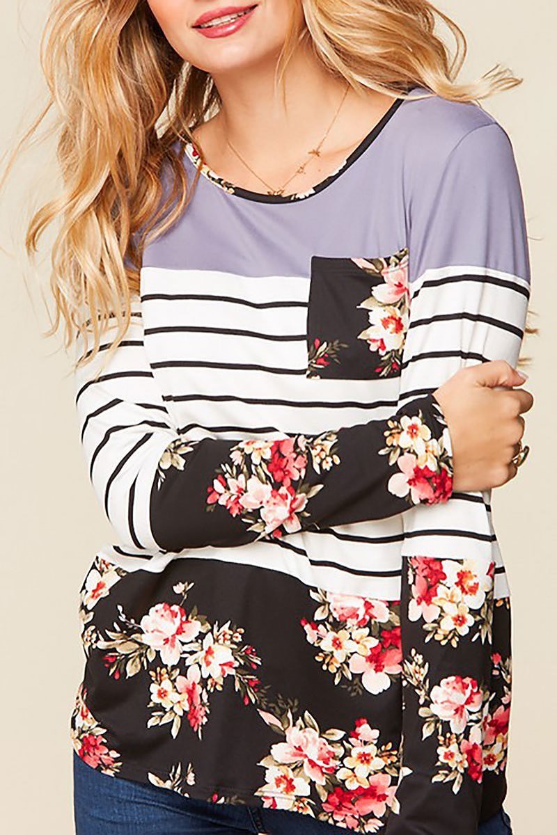 Floral print stripe color block top (EDBM3559)