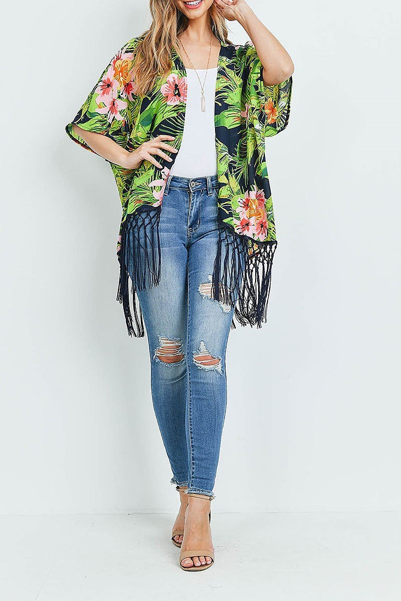 Fringe detail floral print kimono (ED9057)