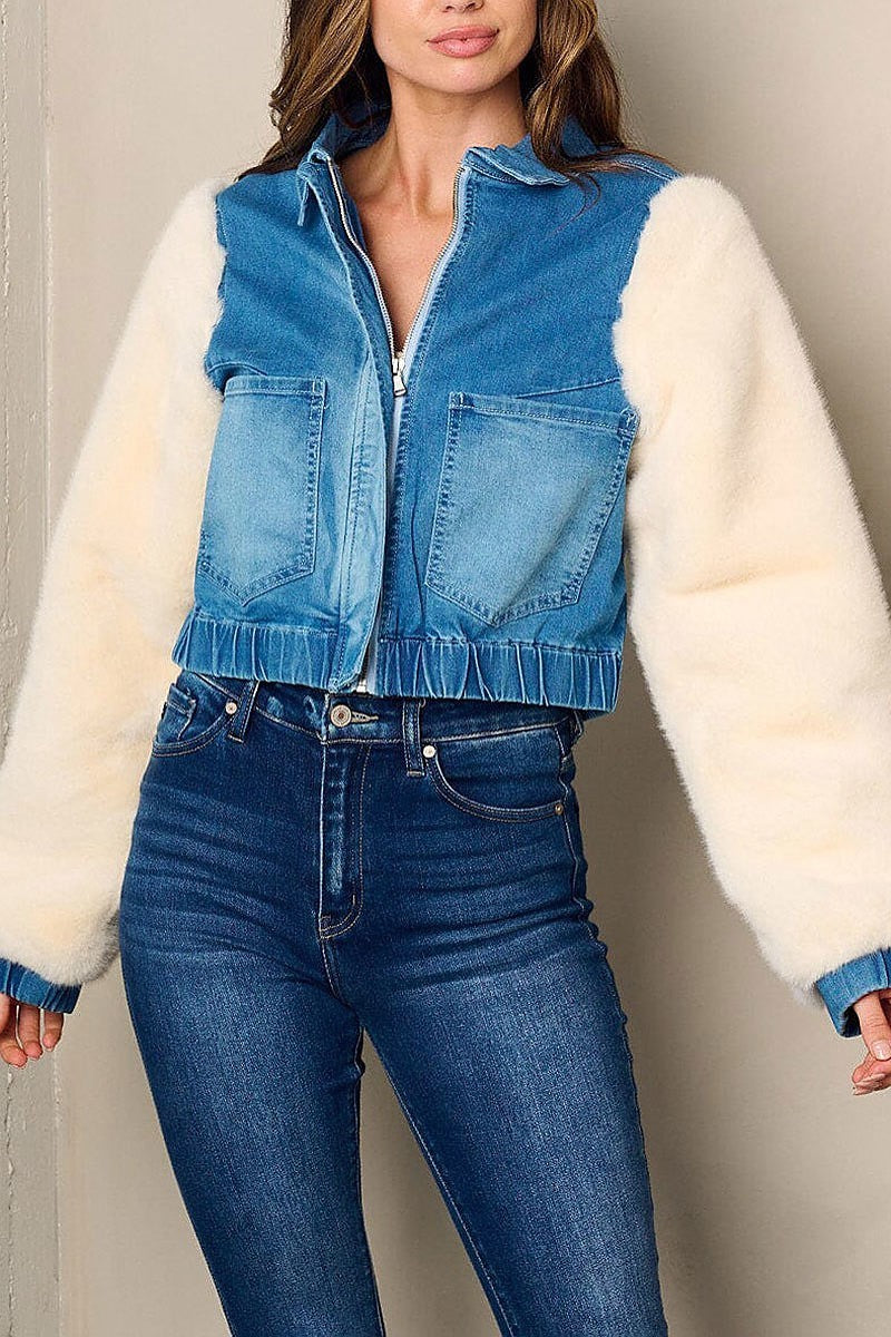 Long sleeve denim sherpa zip up jacket (EFWT2802)