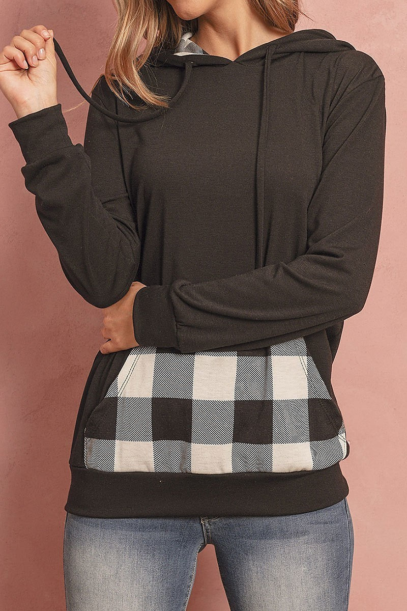 Plaid pocket contrast hoodie with drawstrings (ED8226-1)