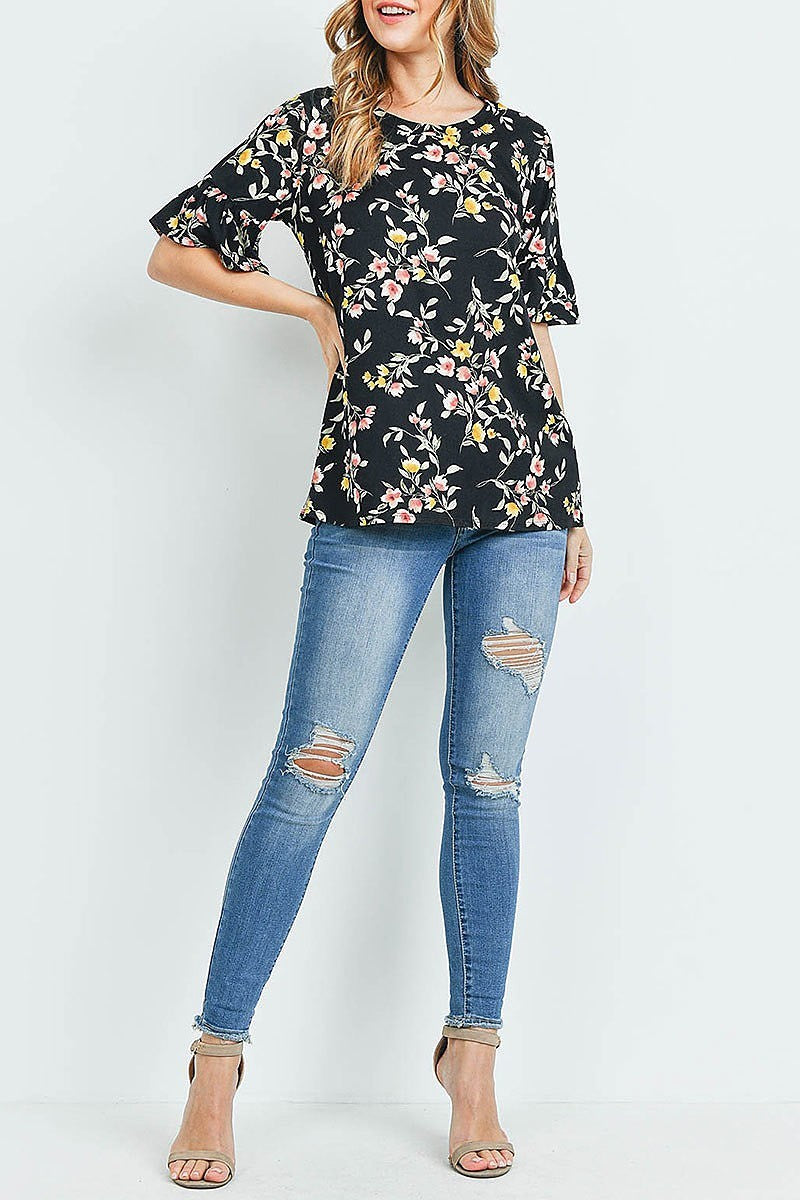 Bell sleeves round neck floral top (ED9699)