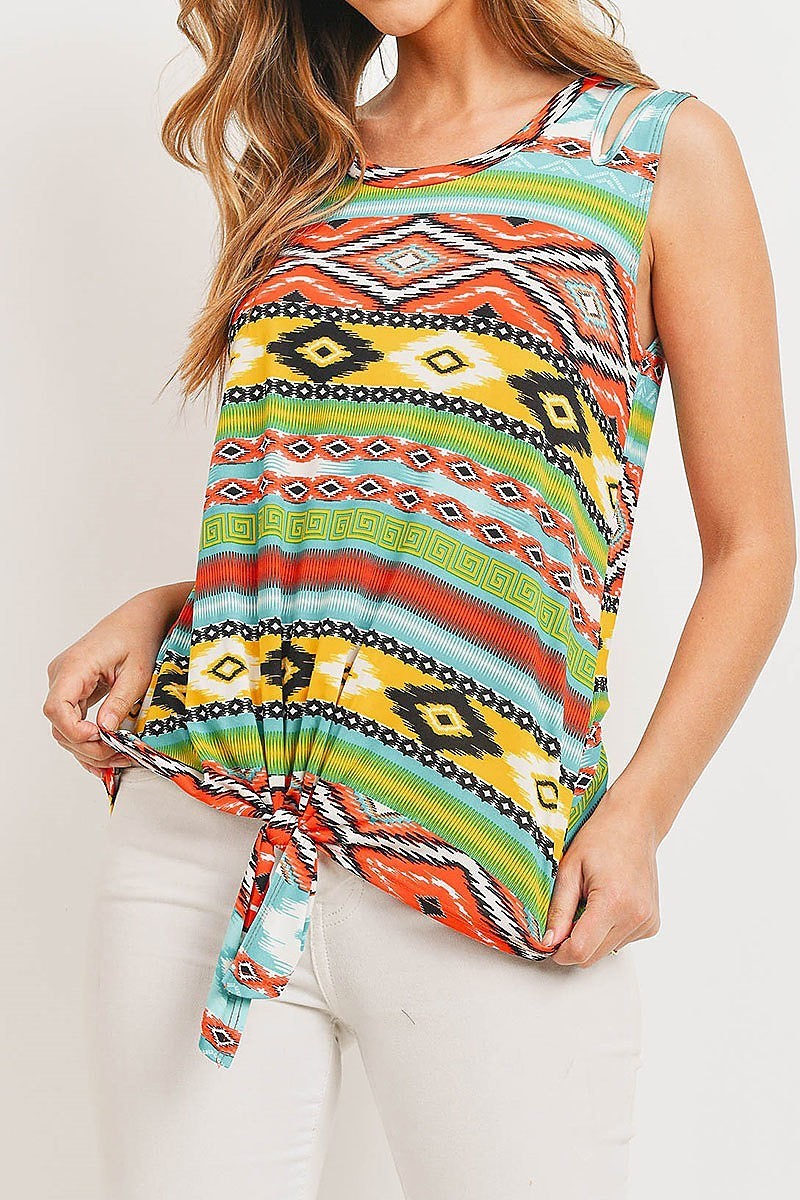 Tribal print waist tie round neck top (ED8932-LAST)